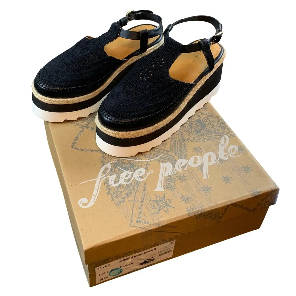 Free People Morning In Mykonos Espadrille Sandals Black Crochet Platform Size 9